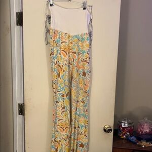 Judith March White Top Floral Wide-Leg Jumpsuit in Pastel Yellow Blue and Tan